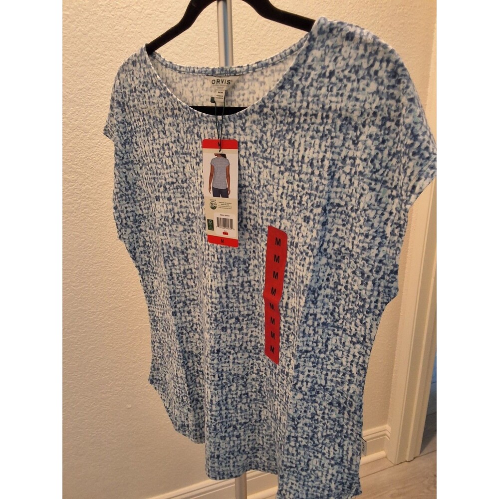 Orvis NWT Womens Blue and White Geo Print Hi Low Hem Linen Knit Top Size M - Picture 4 of 9